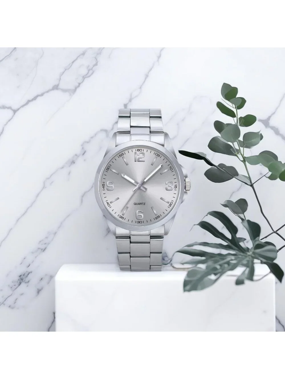 Men's All Silver Analog Stainless Steel Case Arabic Numerals Classic Wrist Watch